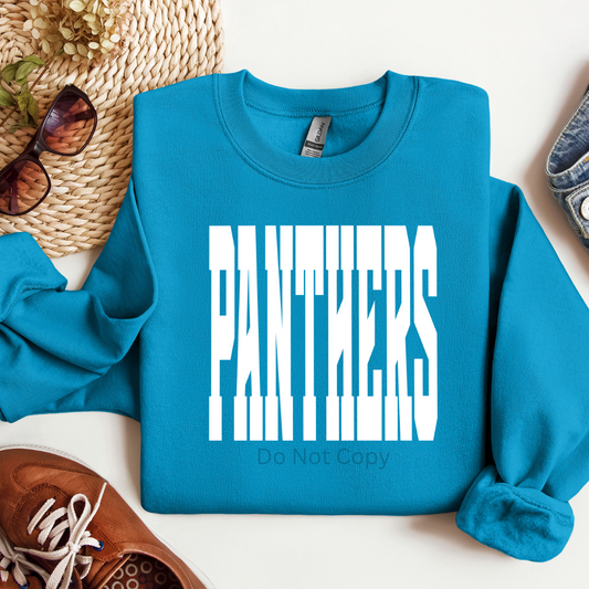 Blue sweatshirt with 'PANTHERS' print on a white surface with accessories around