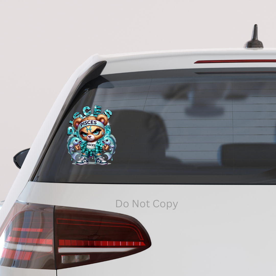 Pisces Girl Bear UVDTF Decal on a car window