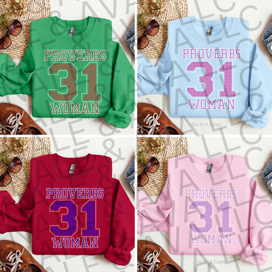 Four sweatshirts in green, blue, red, and pink with 'Proverbs 31 Woman' text on a textured background.