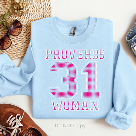 Light blue sweatshirt with 'Proverbs 31 Woman' text on a white background