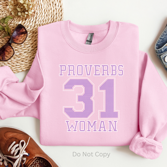 Proverbs 31 Woman Tanzanite Rhinestone Transfer on tshirt front side