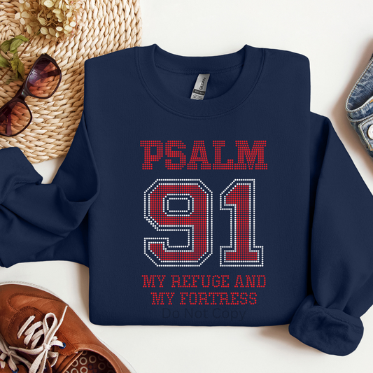 Psalm 91 Rhinestone Transfer on a tshirt front side