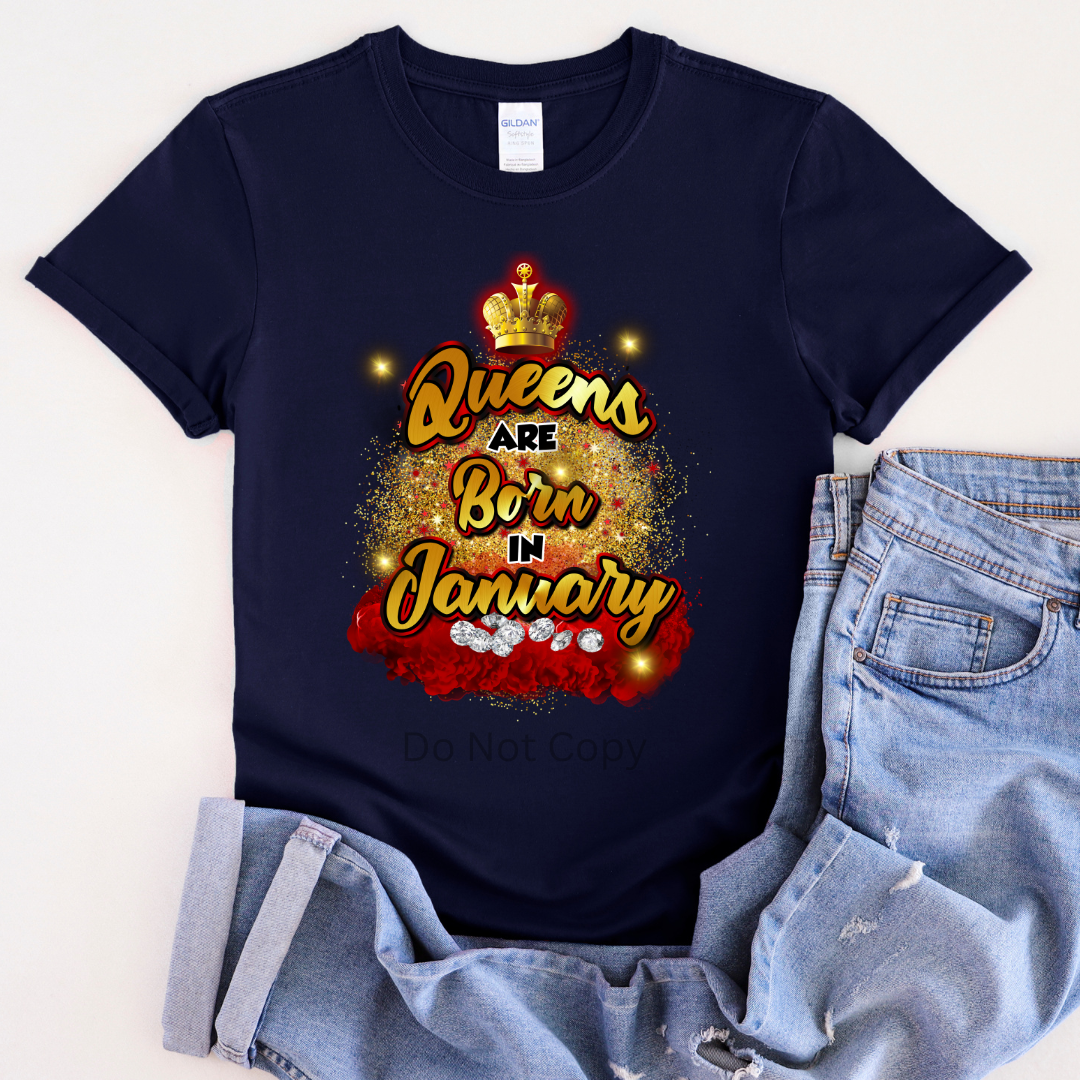 Queens Are Born In January Red DTF Transfer on a tshirt front side