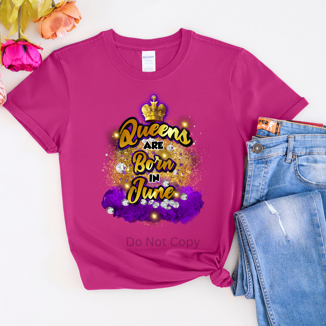 Queens Are Born In June Purple DTF Transfer on a tshirt front side