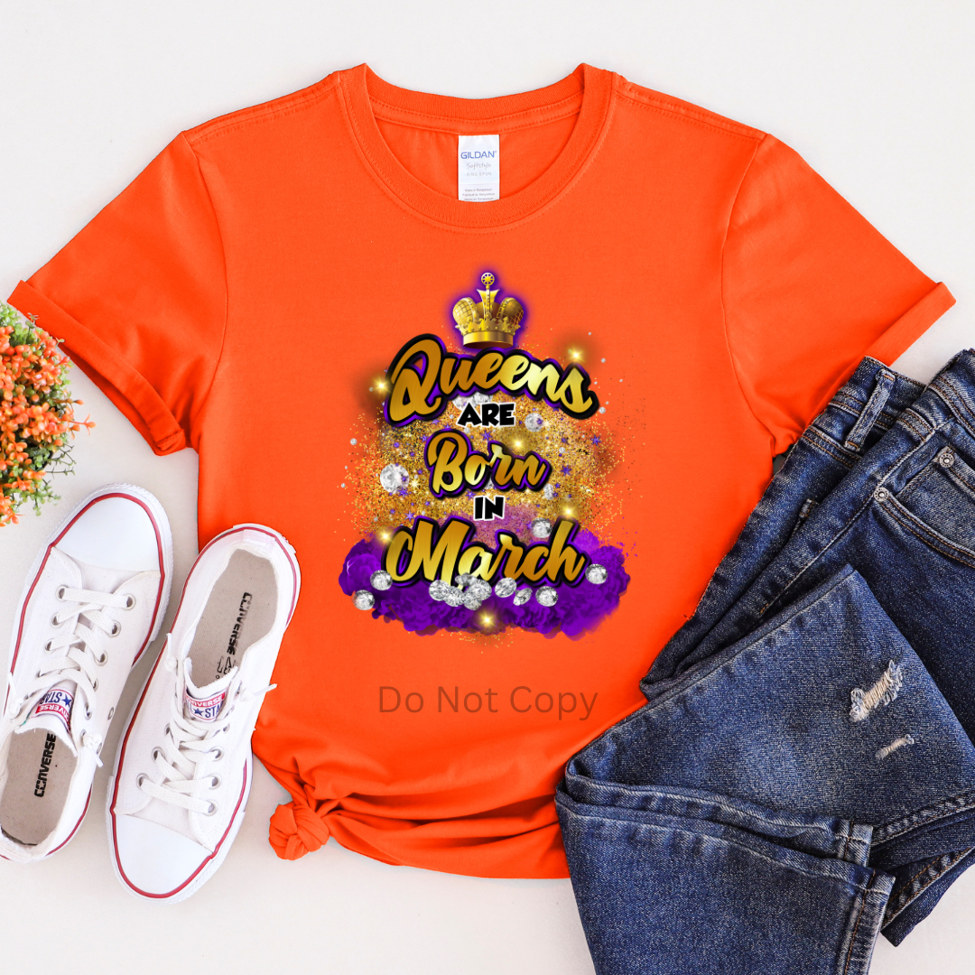 Queens Are Born In March Purple DTF Transfer on a tshirt front side