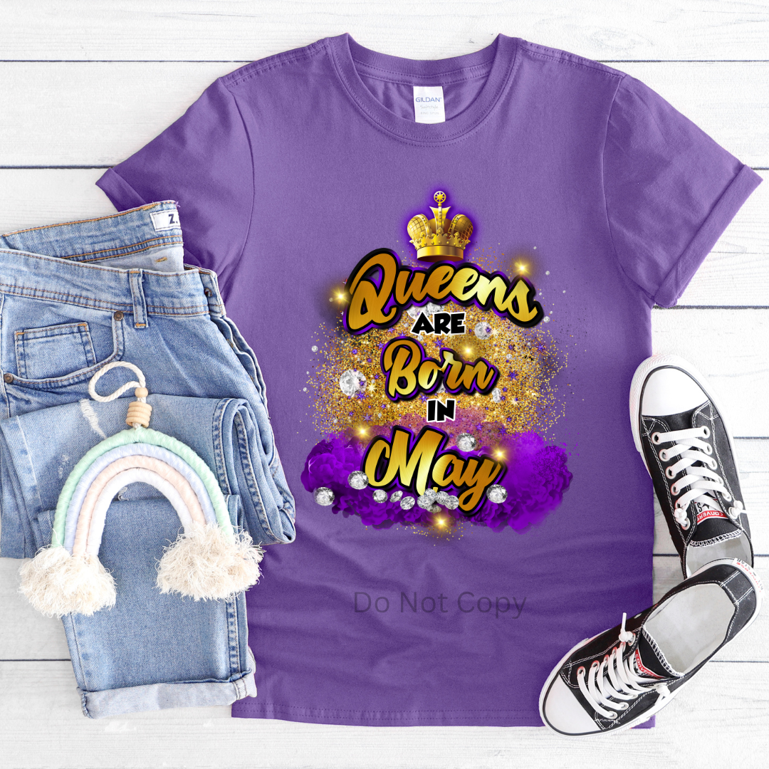 Queens Are Born In May Purple DTF Transfer on a tshirt front side