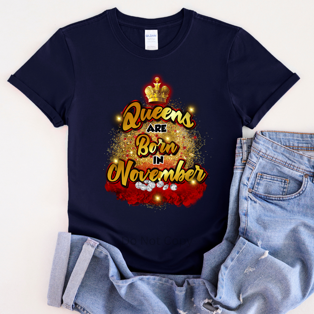 Queens Are Born In November Purple DTF Transfer on a tshirt front side