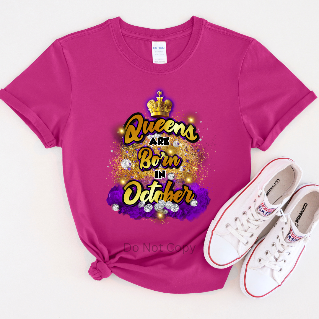 Queens Are Born In October Purple DTF Transfer on a tshirt front side