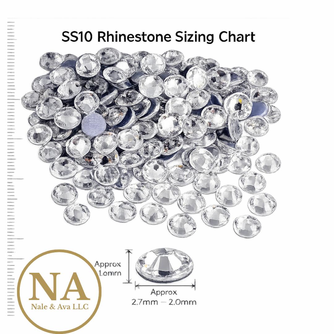 SS10 rhinestone sizing chart with clear rhinestones and measurement scale on a white background.