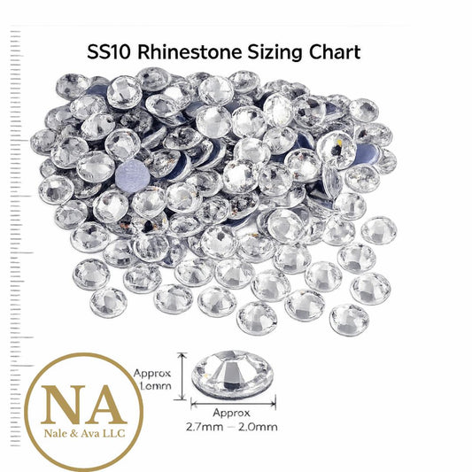 SS10 rhinestone sizing chart with clear rhinestones and measurement scale on a white background.