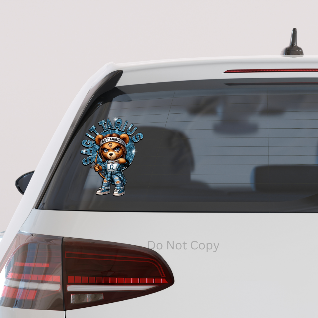 Sagittarius Girl Bear UVDTF Decal on a car window
