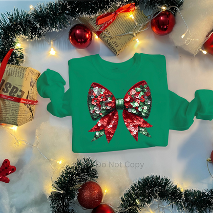 Santa Sequin Bow DTF Transfer on a tshirt
