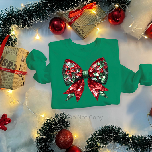 Santa Sequin Bow DTF Transfer on a tshirt