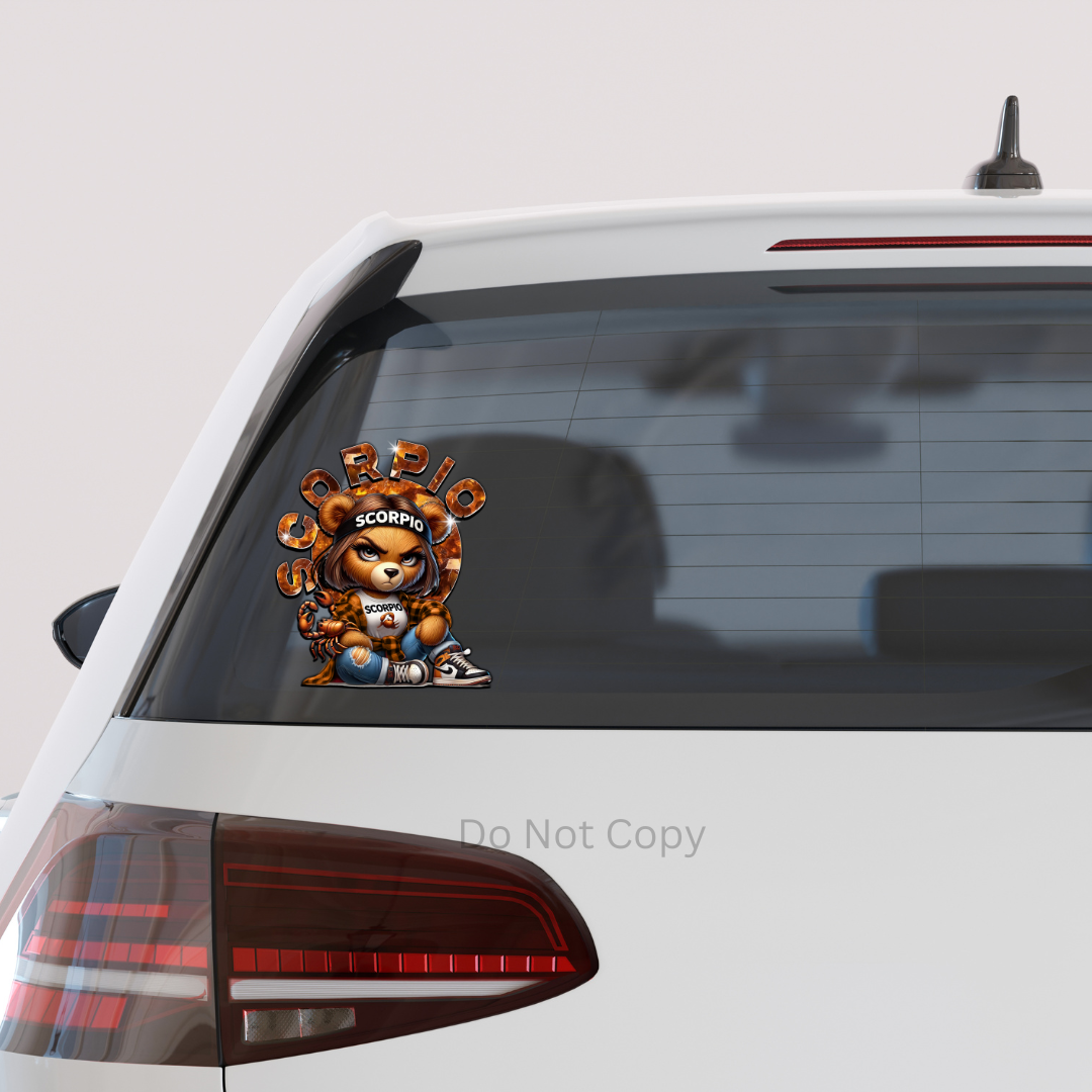 Scorpio Girl Bear UVDTF Decal on a car window