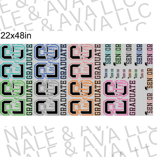 Graduation-themed decorative paper with 'GRADUATE' and 'SENIOR' text in various colors on a white background.