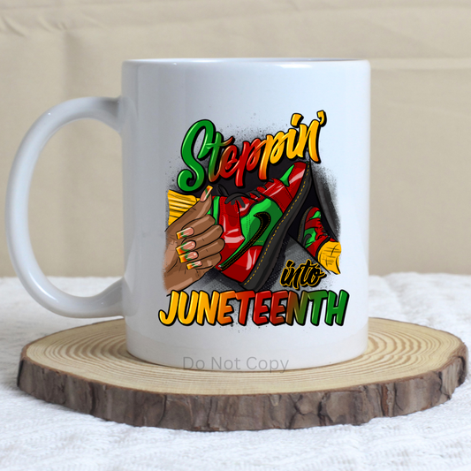 Steppin Into Juneteenth Woman UVDTF Decal on a mug