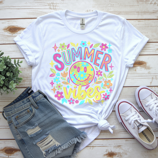 Summer Vibes Rhinestone Transfer on a white tshirt