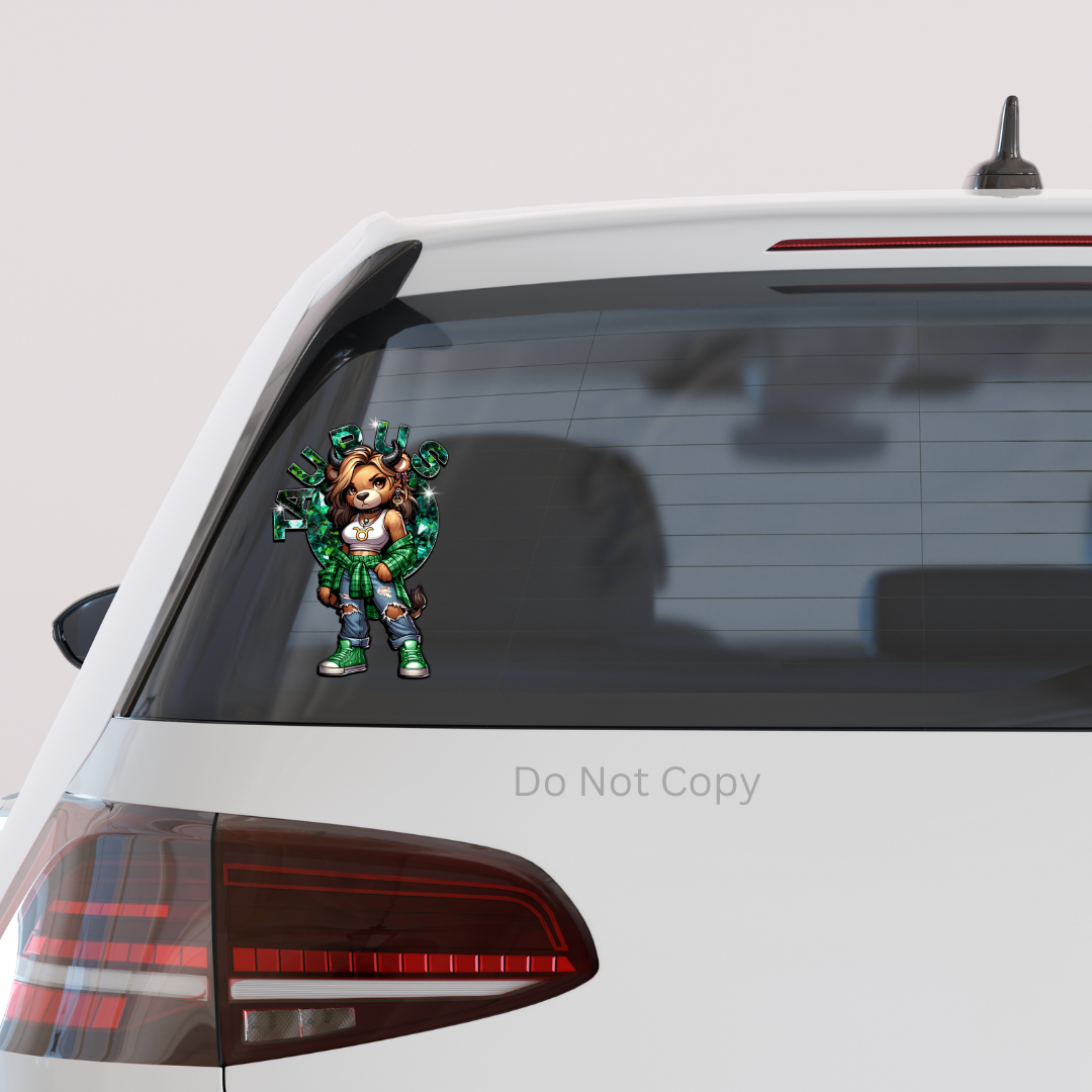Taurus Girl Bear UVDTF Decal on a car window