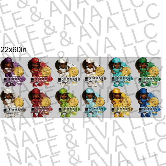 Set of figurines with colorful outfits and accessories on a branded background