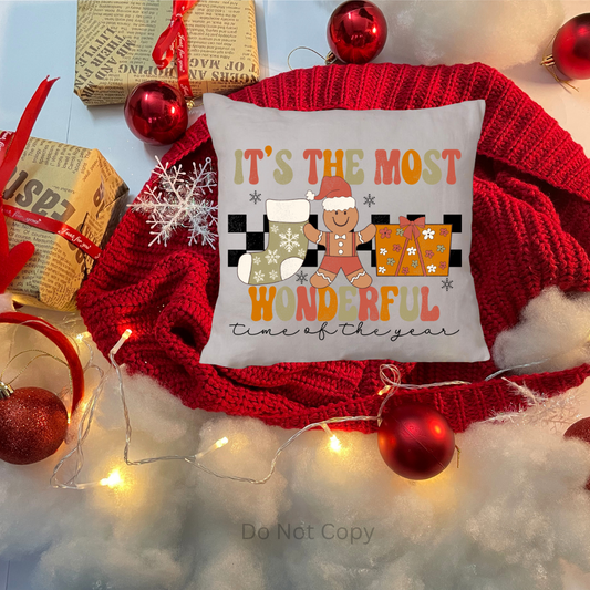 The Most Wonderful Time DTF Transfer on a pillow