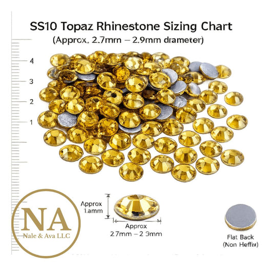 SS10 Topaz Rhinestone Sizing Chart with gold rhinestones and measurement scale.