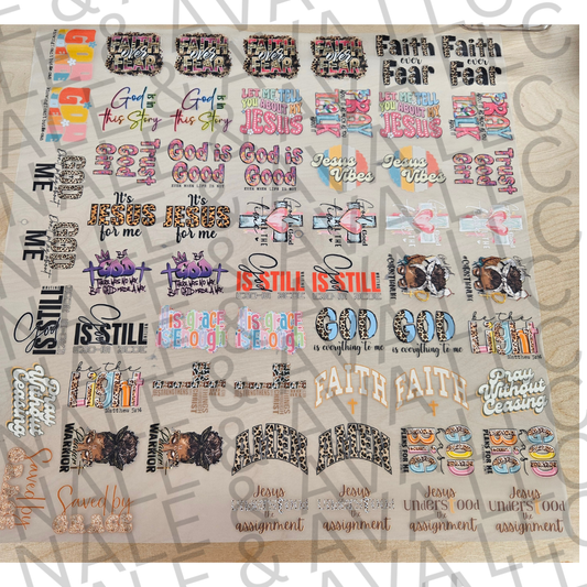 Collection of various motivational and religious stickers on a textured background