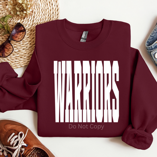 Maroon sweatshirt with 'WARRIORS Do Not Copy' text on a white surface with accessories.