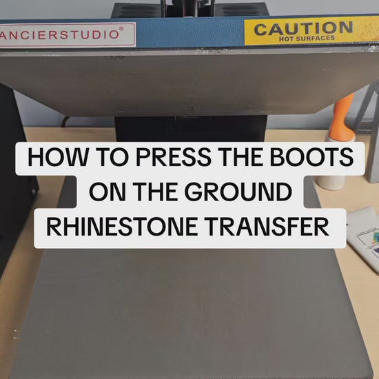 Step-by-step tutorial showing how to apply the ‘Boots on the Ground’ rhinestone transfer using a heat press on a cotton t-shirt. Includes temperature, pressure, and peel instructions.