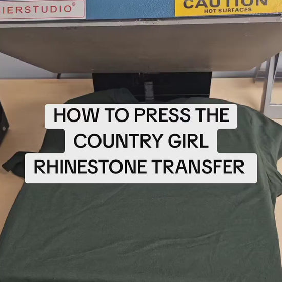 Step-by-step tutorial showing how to press the Country Girl rhinestone transfer onto a green t-shirt using a heat press at 350 degrees with firm pressure