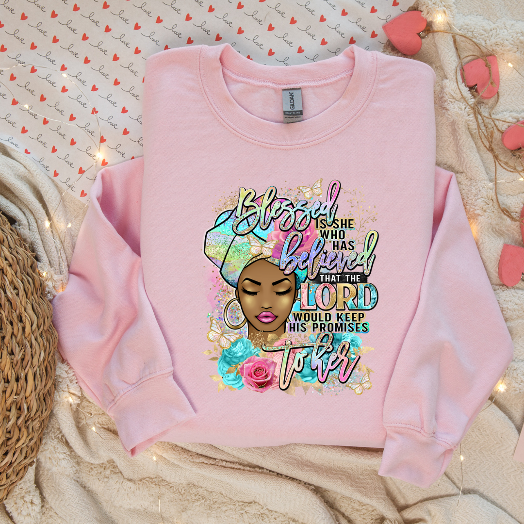 Blessed Is She Who Has Believed DTF (direct to film) pink multi on a tshirt