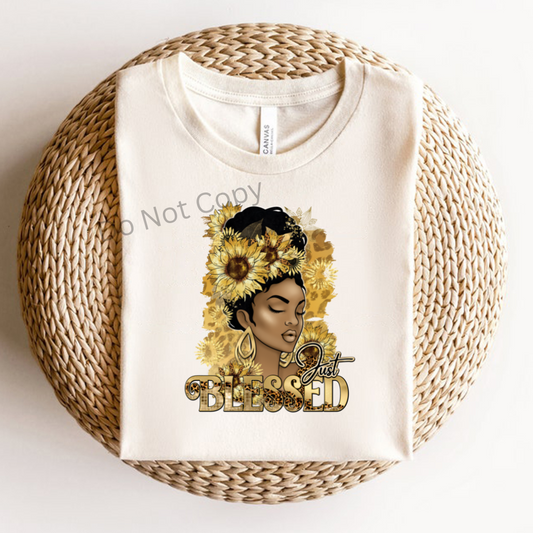 Just Blessed DTF (direct to film) print on a tshirt