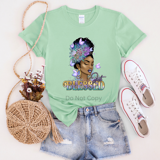 Just Blessed Purple DTF (direct to film) print on a tshirt