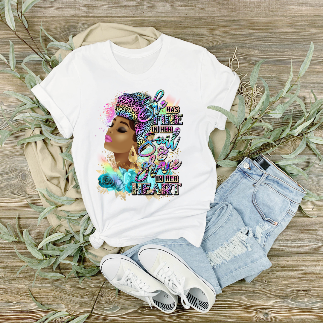 She Has Fire In Her Soul Leopard DTF (direct to film) print on a tshirt