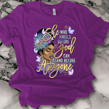 She Who Kneels Before God DTF (direct to film) print on tshirt front side