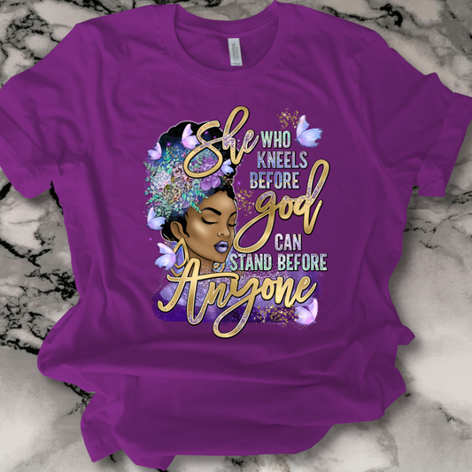 She Who Kneels Before God DTF (direct to film) print on tshirt front side